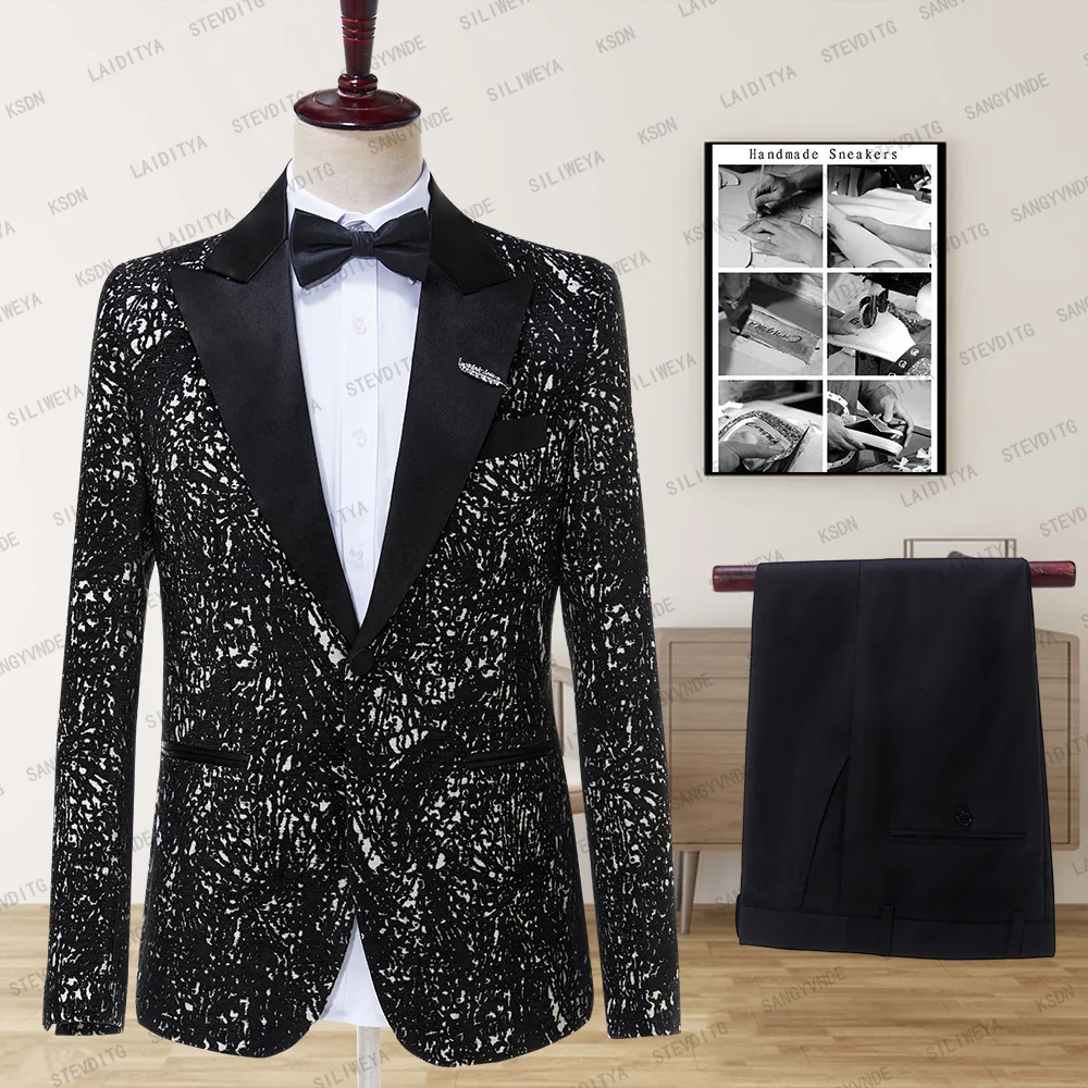 

SILIWEYA 2023 2023 New Blazer Pants Vest Men Suits Wedding Dress Floral Print 2 Piece Set Male Luxury Black Jacquard Suit