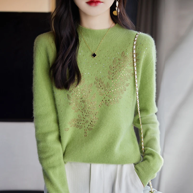 Twig Hot Drilling Wool Sweater Women\'s Loose Half Turtleneck Pullover Spring and Autumn Basic Style Simple Bottoming Knit Top