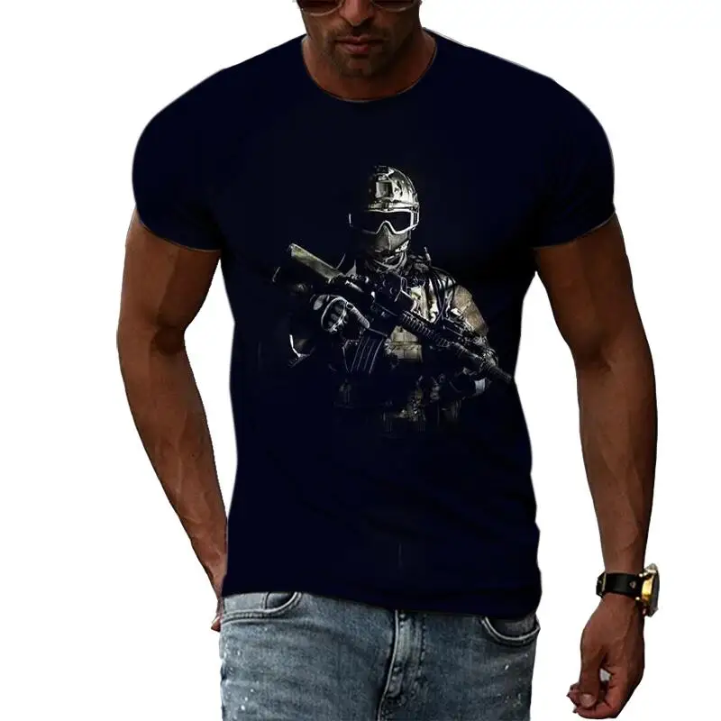 Summer Leisure Field Fighting Sniper Pattern Men\'s T-shirt Hip Hop 3D Print Personality Rod Neck Short Sleeve Tops Fashion Clot