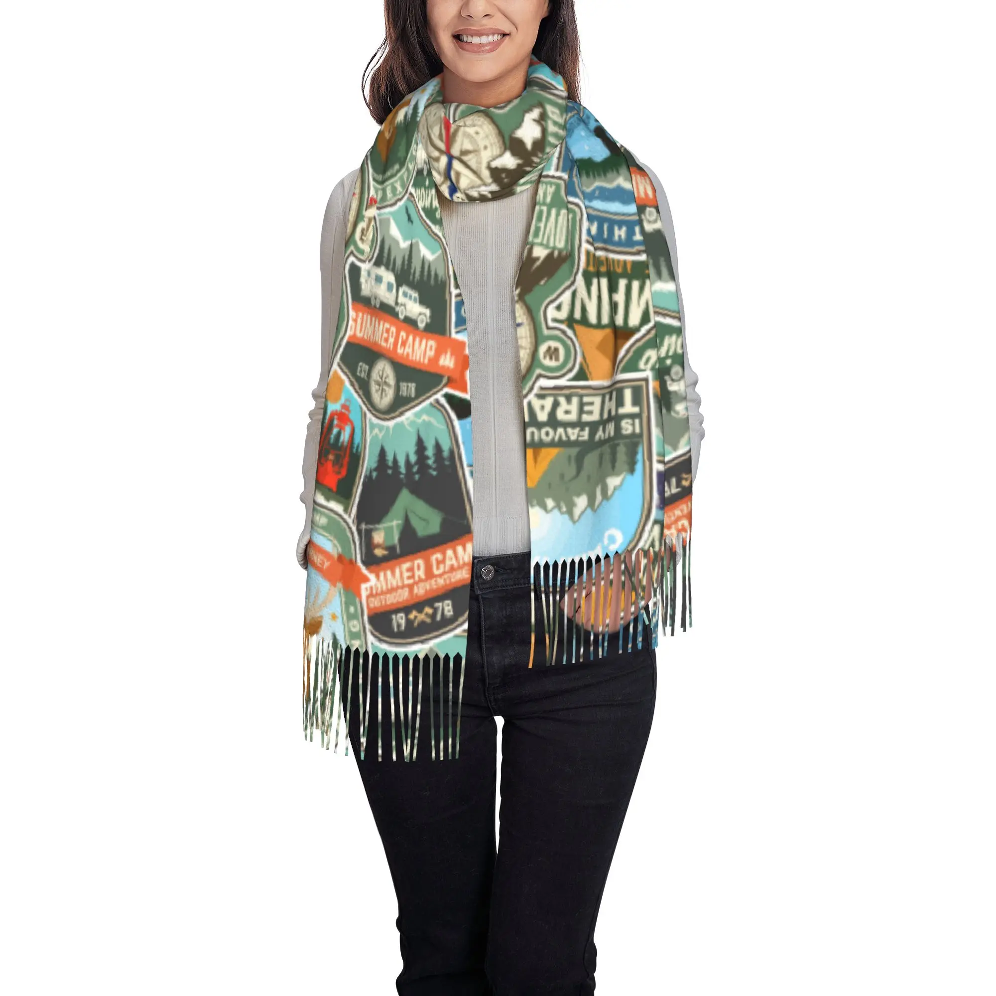 Custom Printed Vintage Compass Camp Badge Outdoor Seamless Print Scarf Women Men Winter Fall Warm Scarves  Shawls Wraps