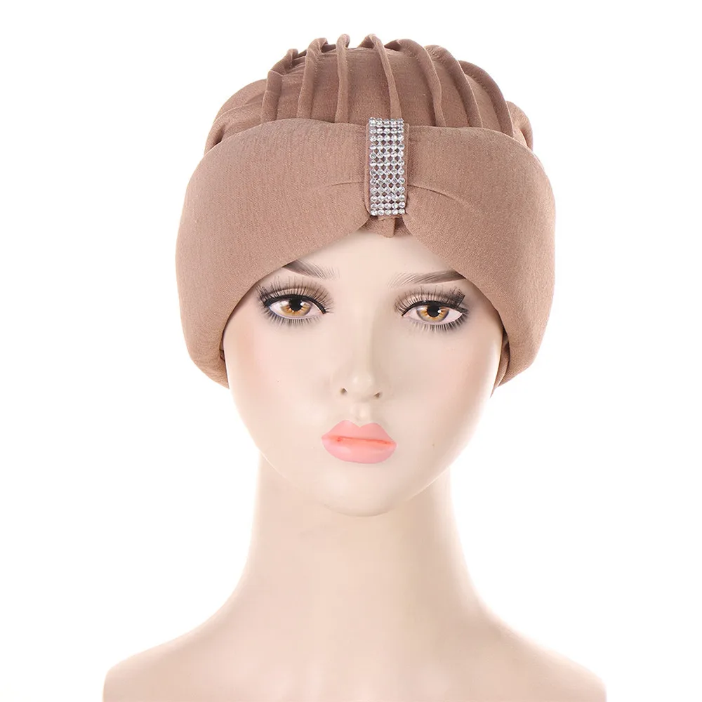 Women Knot Turban Headbands Cap Diamonds Solid Autumn Winter Warm Headwear Bonnet Casual Streetwear Female Muslim Indian Hats