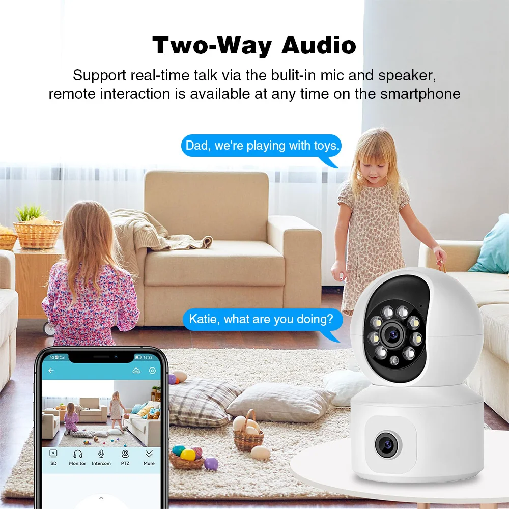 Caméra WIFI HD double objectif 2MP CCTV Protection de sécurité maison intelligente sans fil intérieur Audio bidirectionnel MINI caméra couleur Vision nocturne