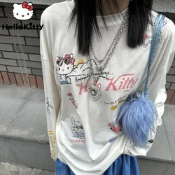 Sanrio Hello Kitty American Style Breathable New Top Letter Printed Pure Cotton Casual T-shirt Y2k Sweet Girl Long Sleeved Tees