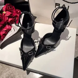 New 2024 Fashion Buckle Sexy Ladies Pumps Shoes Pointed Toe Women Thin High Heels Sandals Shallow Luxury Female Sandals