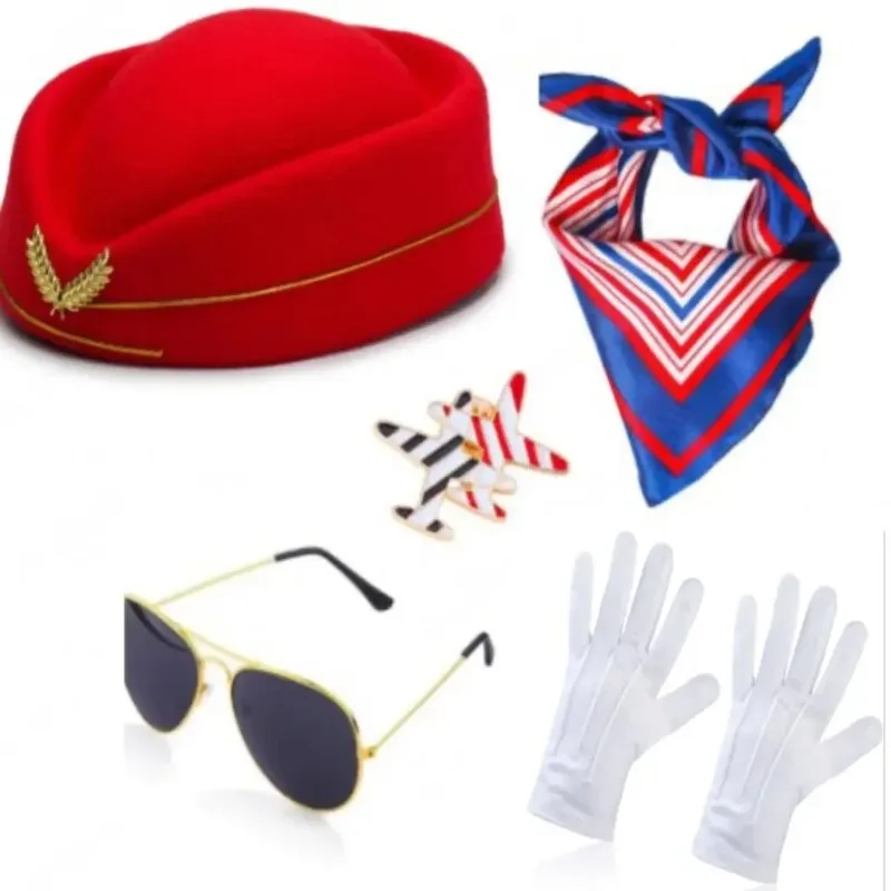 Stewardess-Cosplay-Kostüm-Set für Damen mit Hut, Sonnenbrille, Seidenschal, Handschuhen und Brosche – Flugbegleiter-Party-Requisiten-Zubehör