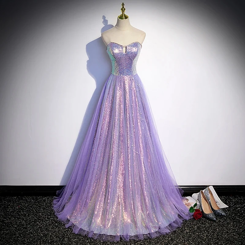 

Evening Dress Purple Sequins Tulle Pearl Bling Strapless Lace up A-line Pleat Floor Length Plus size Women Party Formal Gown