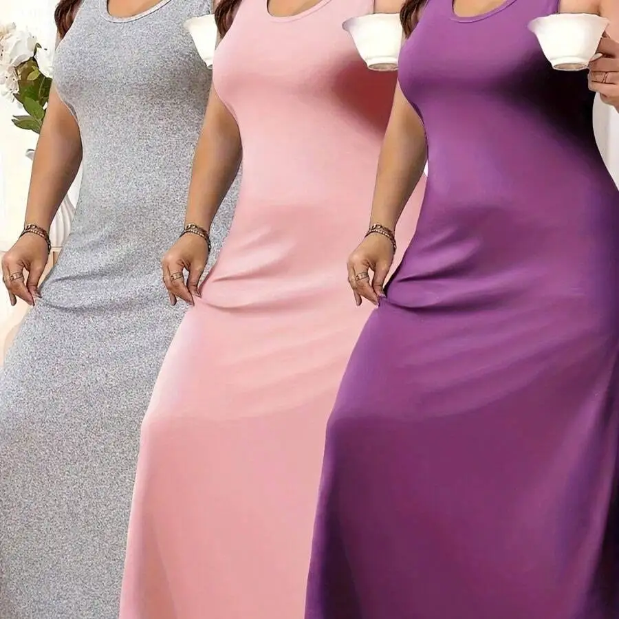 

3pcs Women Plus Size Solid Color Sleeveless Long Dress Set Casual Tank Top Gown