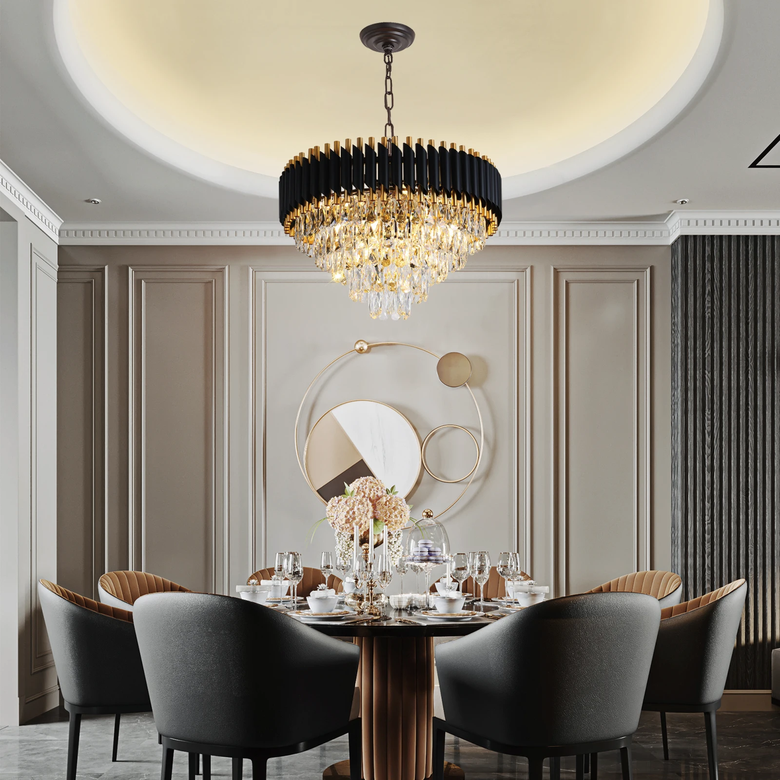 Modern Crystal Chandeliers 5-Tier K9 Round Black and GoldCrystal Chandeliers Light Fixture 12 Lights