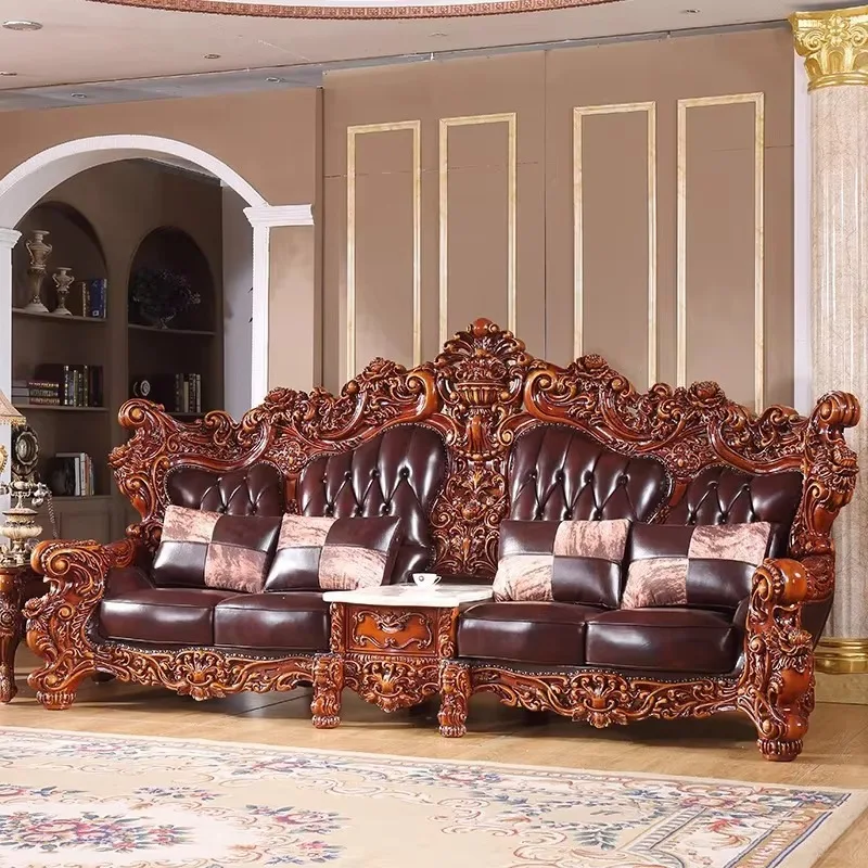 European-Style Luxury Genuine Leather Sectional Sofa Set Solid Wood Frame for Living Room Apartment Hotel Villa Cooling Feature