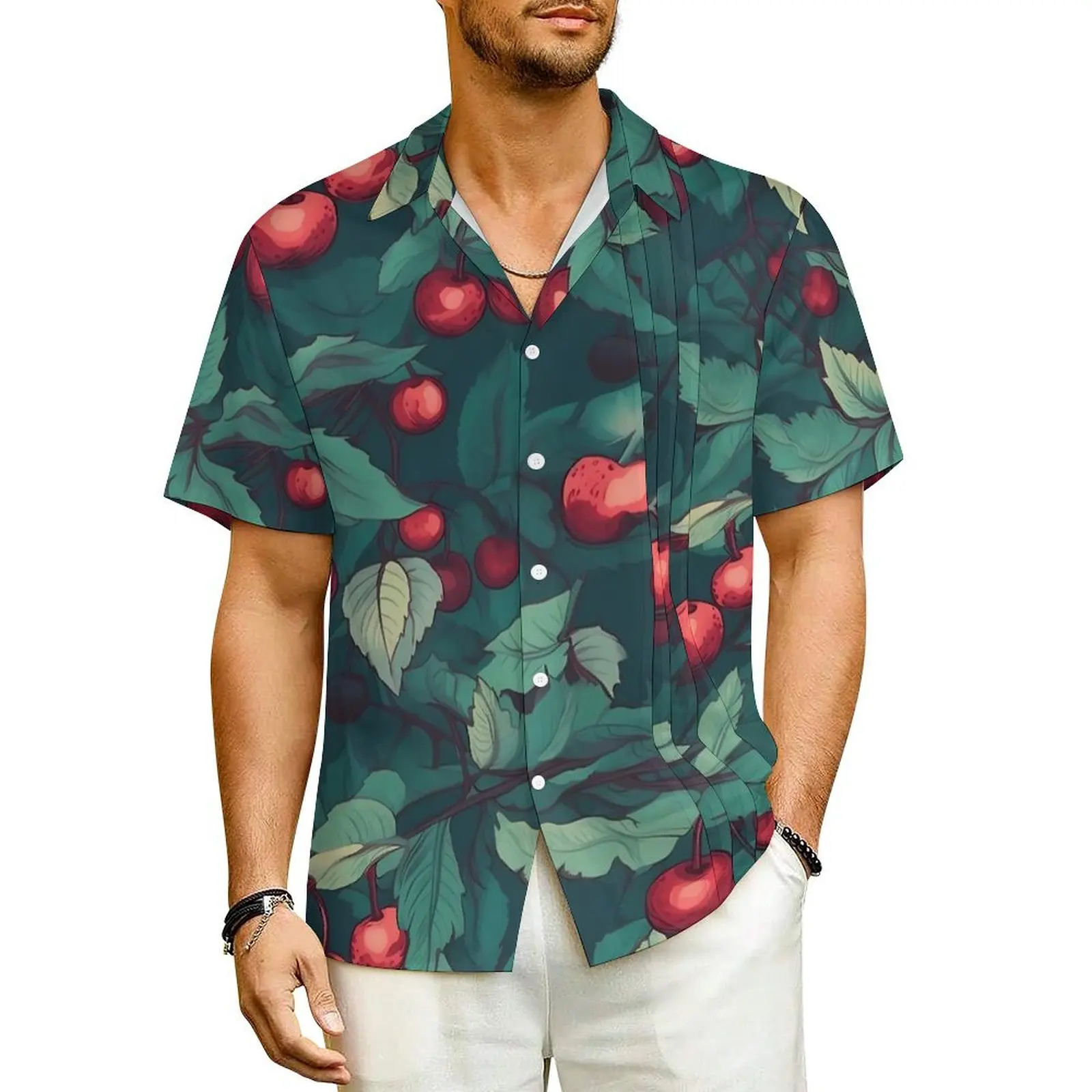 

Cherries Print Casual Shirt Green Leaves Print Vintage Summer Shirts Men Short Sleeve Beach Streetwear Pattern Oversize Blouses