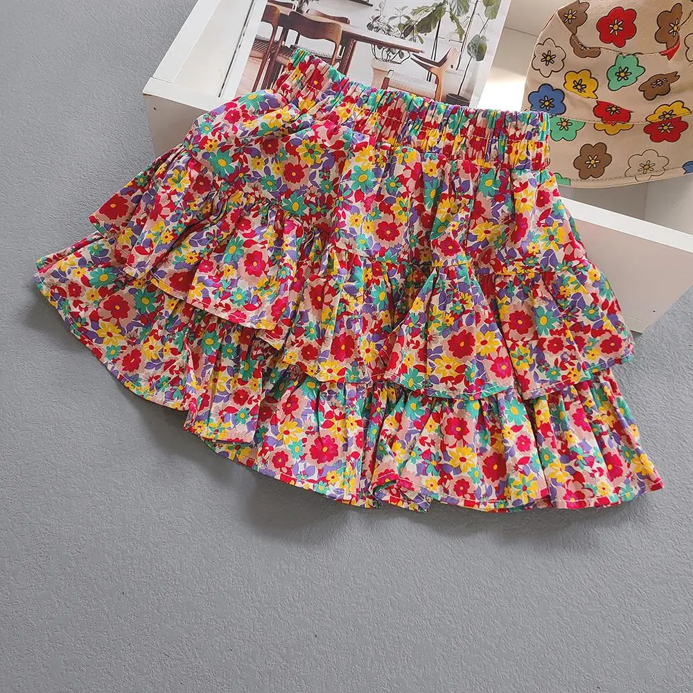 Floral Ruffled Children\'s Girl Cake Skirts for Kids Summer Casual Skirt Cotton Toddler Costume