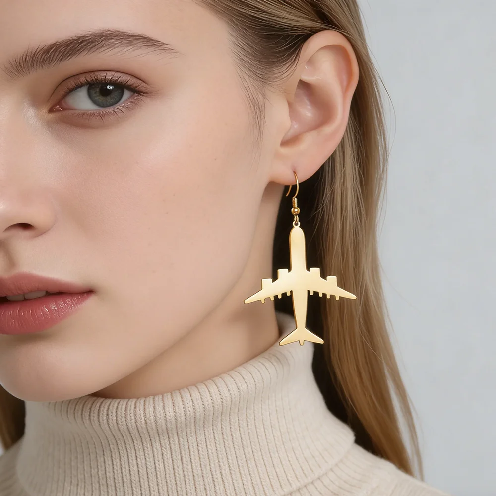 Gold Color Airplane Drop Earrings Stainless Steel Plane Dangle Earrings Jewelry Pilot Gifts Wholesale 2026 New