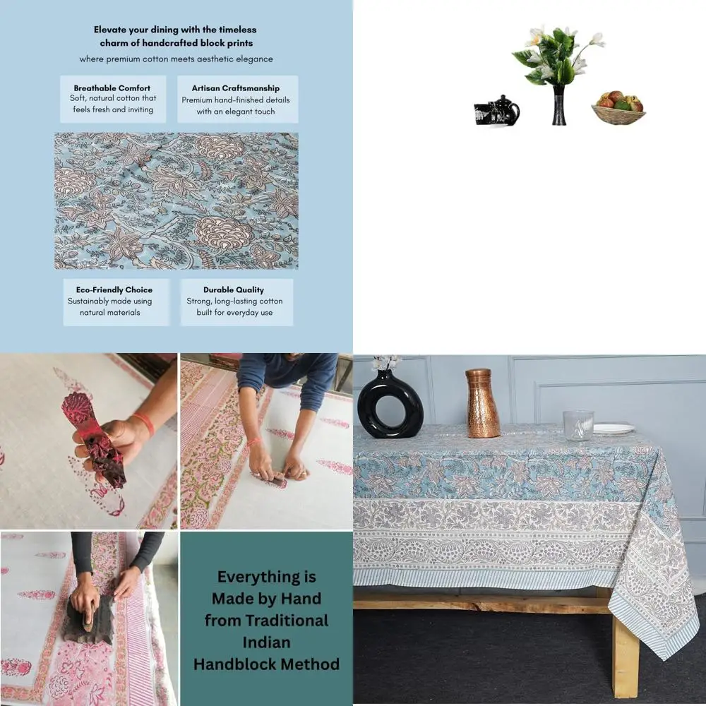 

Handcrafted Block Printed Cotton Tablecloth, Sky Blue, 60x90 for 6-Seater Tables, Ideal for Dining, Parties, and Outdoor Events