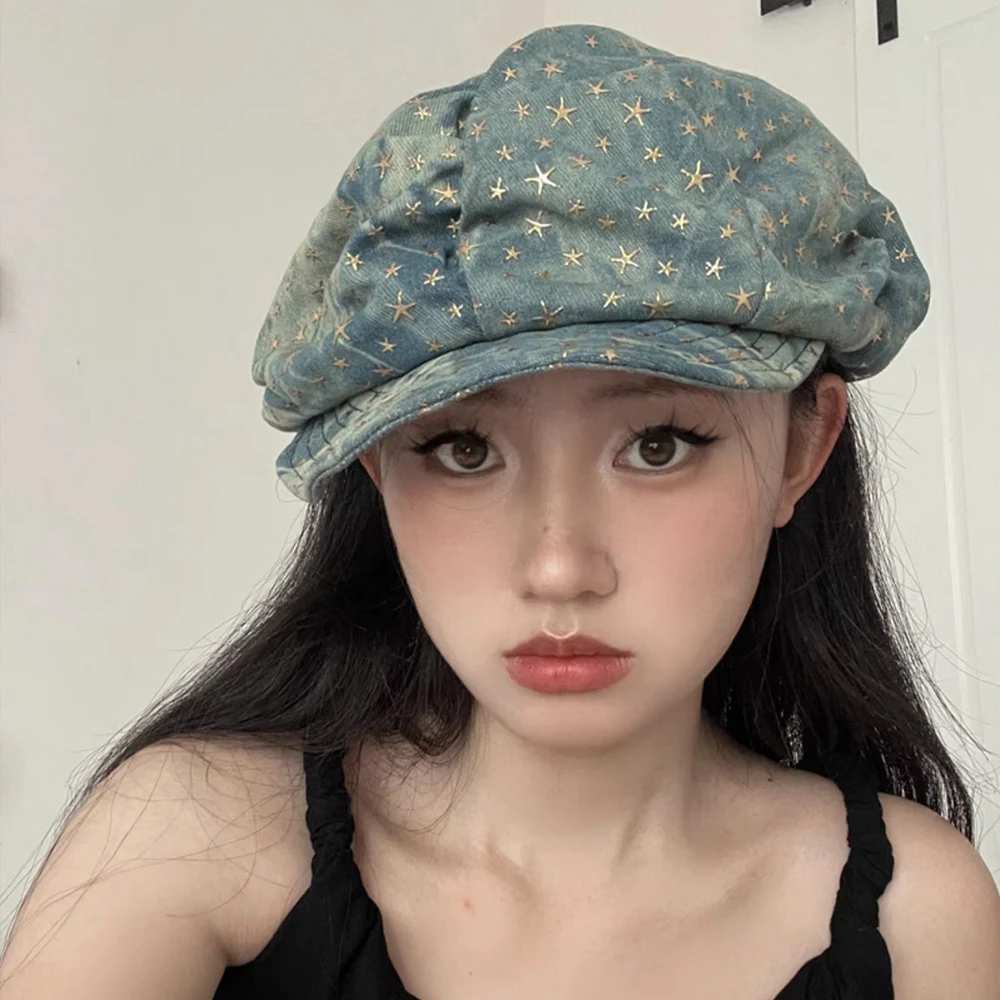 Vintage Y2k Star Sequin Beret Newsboy Hat Painters Hats Denim Fabric Caps Korea Fold Tie Dyeing Hat Hip Hop Punk Accessories