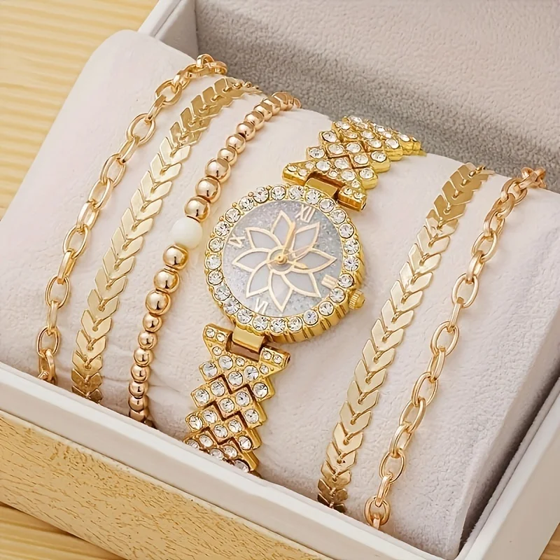 6Pc/Set 1Pc Rhinestone Decor Quartz Watch & 5Pcs Bracelet Fancy Women Watches Jewelry Sophisticated And Stylish Women Watch