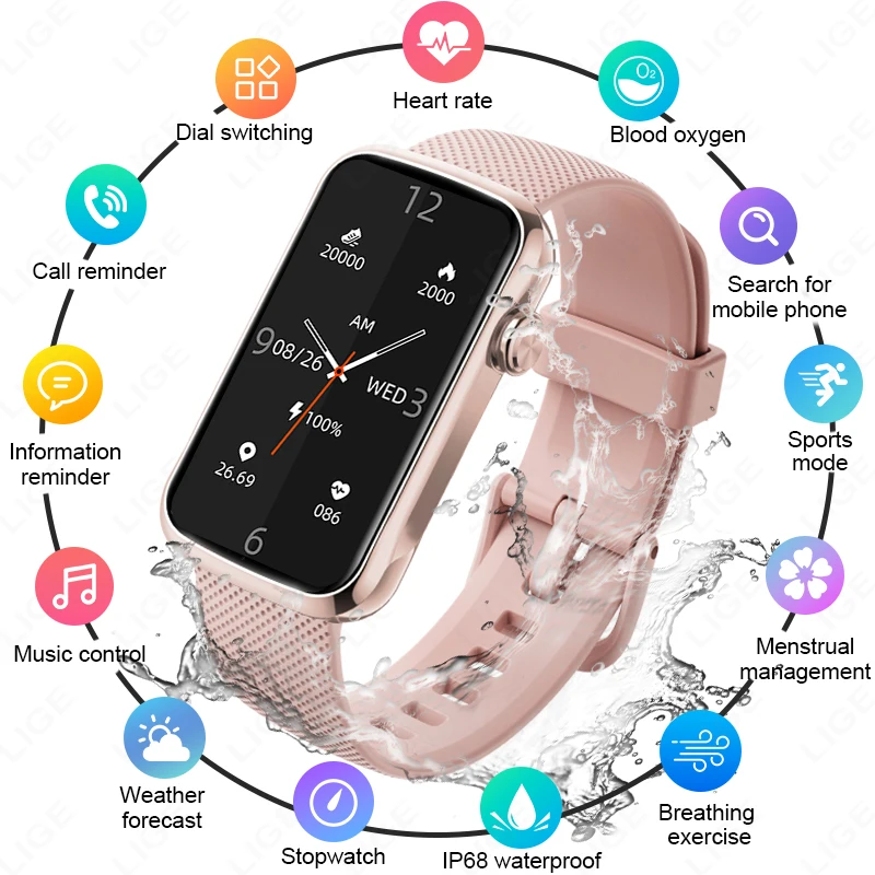 

LIGE Women Smart Bracelet Men Smartwatch Ladies Heart Rate Blood Oxygen IP68 Waterproof Sports Smart Band Watch For Android IOS