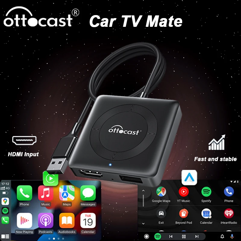 Ottocast Car Tv Mate Wireless Carplay Android Auto Adapter HDMI Multimedia Video Converter for IPTV Google TV Stick Game Box