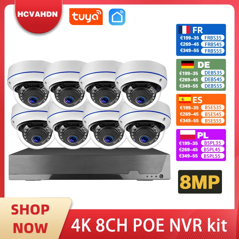 

Tuya 8MP POE Network Surveillance Camera System Kit 4K 8CH NVR Kit Outdoor Waterproof Audio CCTV IP Dome Security Camera System