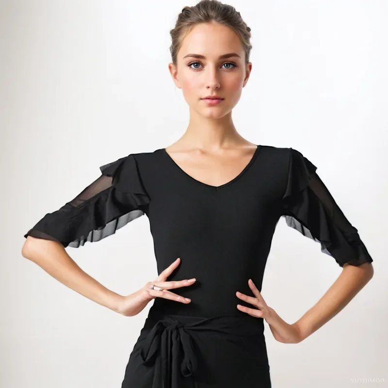 Elegant Ballroom Dance Graduation Top Classical Practice Ruffle Ballet Wear Belly Standard Dances Woman Shirt Costume Clothing