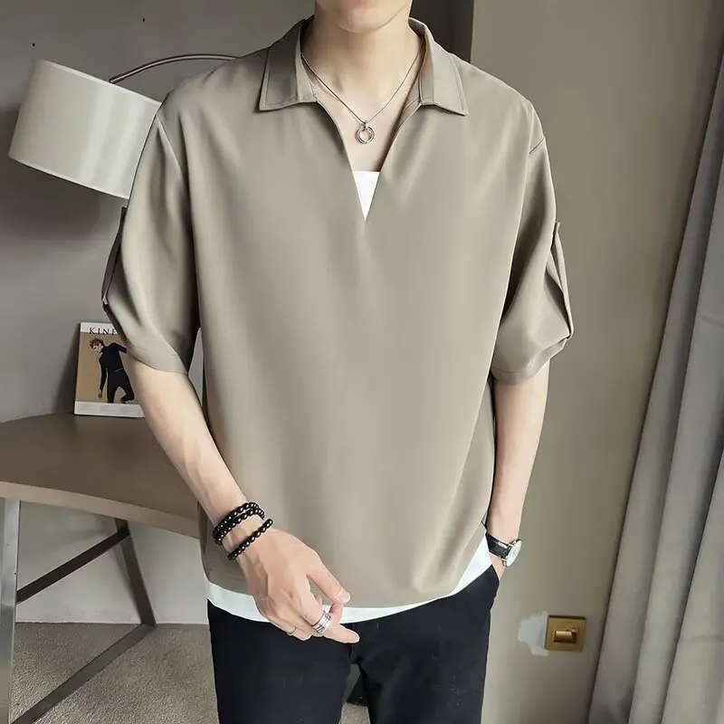 2026 Summer Men's Fashion Casual Thin Two-Piece Shirt V-Neck Short Sleeve Casual T-Shirt Silk Polo Shirt Short Sleeve