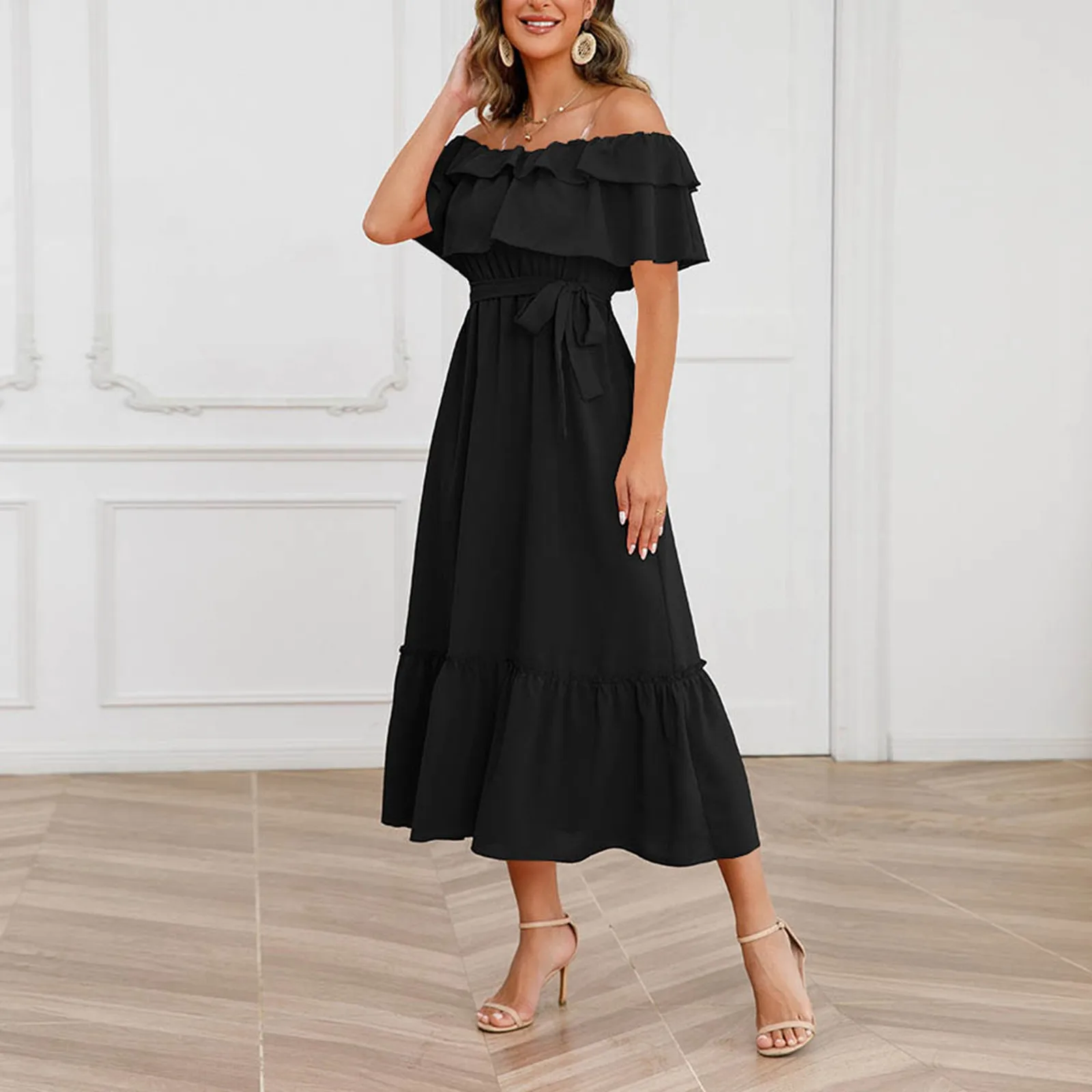 

Women Casual Dress Solid Color Sexy One Line Neck Off Shoulder Short Sleeve Mid Length Dress Bow Belt Fashionable Beach Dress