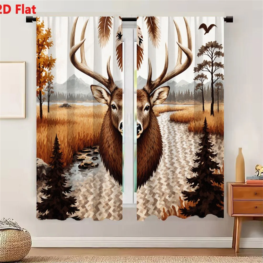 2Pcs Curtains 2D Flat Deer Head With Antlers Dreamcatcher Autumn Landscape Art Illustration Window Drapes for Bedroom Room Decor