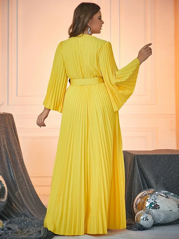 Casual Long Dress for Women Yellow V Neck Flare Sleeves Pleated A Line Office Work Evening Party Plus Size Draped Gowns 3XL 4XL