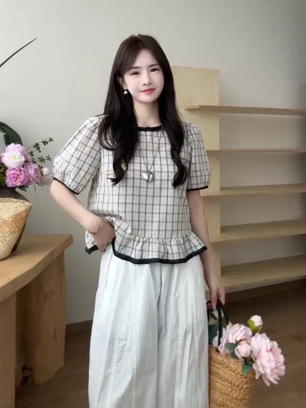 

plus Size 300 Pounds Plaid Wood Grain Thin Casual Short Sleeve Women's Shirt Sweet Style Summer Korean Version Breathable