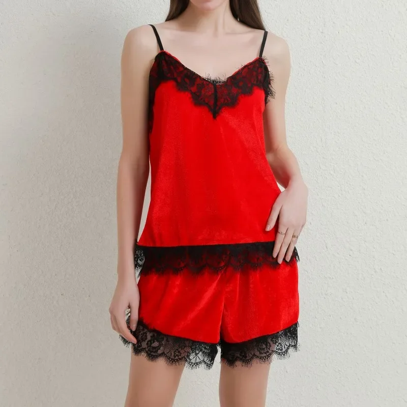 Sexy Lingerie Women Sleep Wear Camisole Bow Shorts V-Neck Tops Velvet Pajamas Sleepwear пижама женская Hot