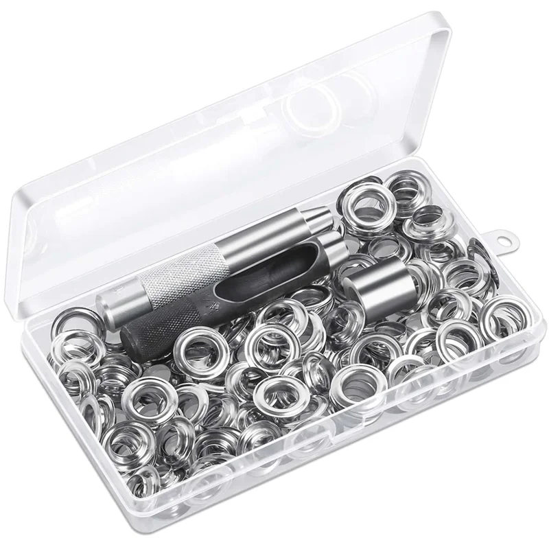 120 Sets Grommet Eyelets Tool Kit Grommet Kit 1/2 Inch Eyelets with Tools and Storage Box Silver