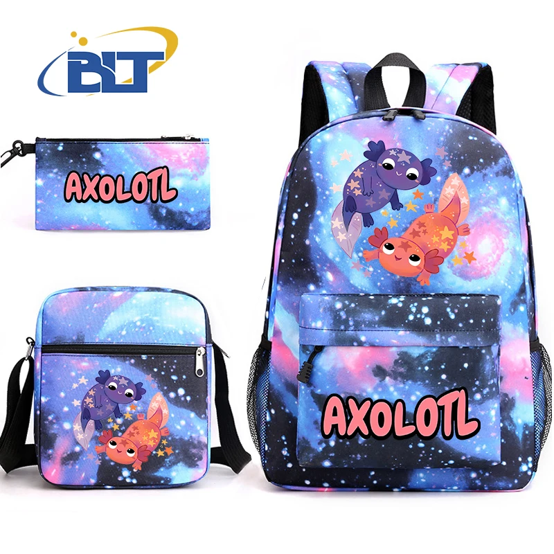 Bonito Axolotl Impresso Student Schoolbag, Mochila Juventude, Bolsa de Ombro, Saco Lápis, Conjunto de 3 Peças, Presente Infantil