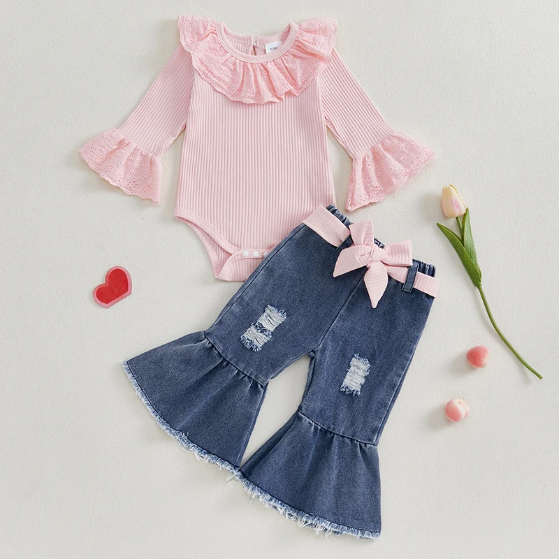 Baby Girls 2 Piece Outfits Ruffle Long Sleeves Romper and Ripped Denim Flare Pants Toddler Fall Clothes