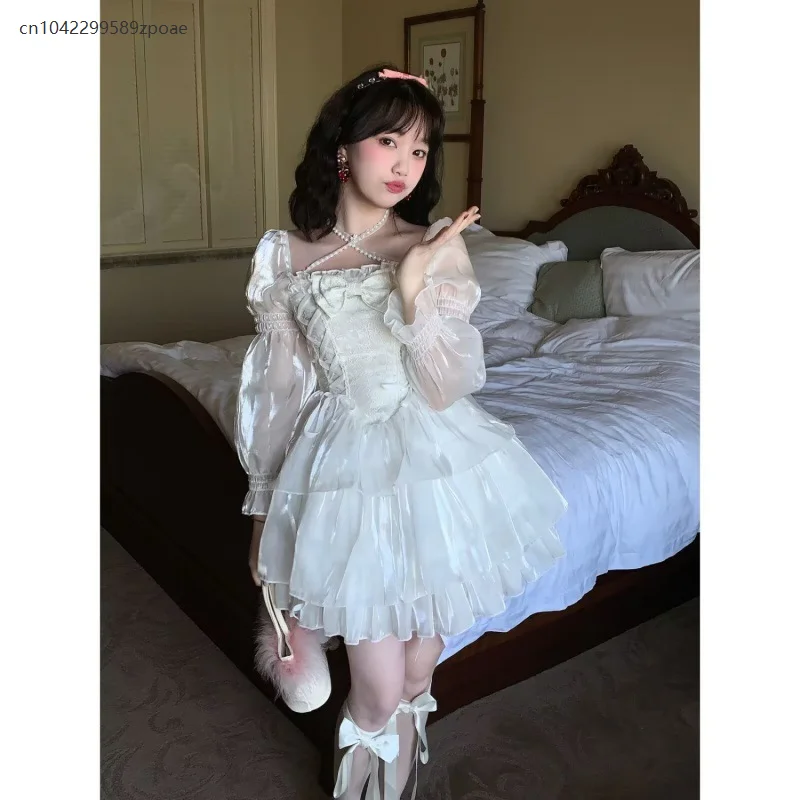 2025 Japanese Sweet Fairy Lolita Dress Women White Mesh Elegant Princess Dress Female Bow Casual Evening Party Dress