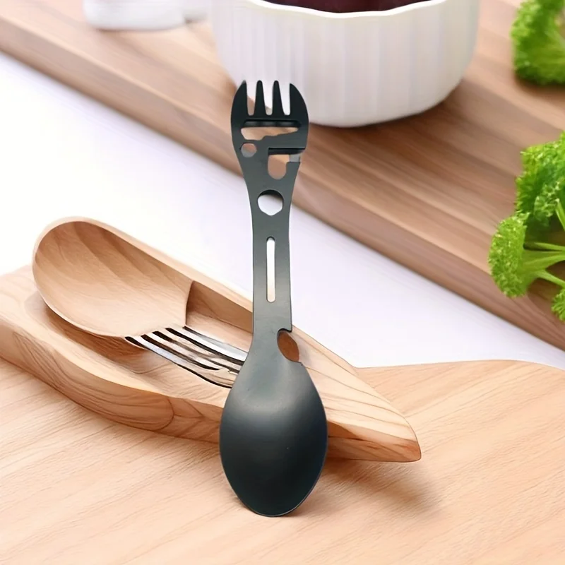 1-20PCS 5 in 1 Stainless Steel Fork Spoon Knife Can Opener Bottle Opener Wrench Multifunctional Gear Outdoor Camping Supplies