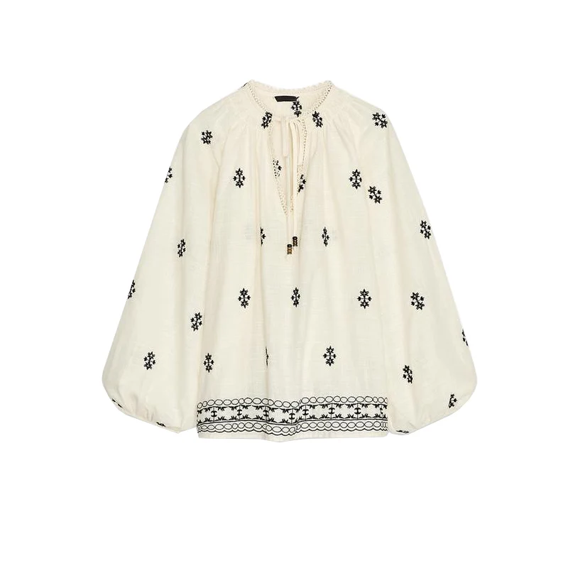 

New Summer Women's Long Sve Embroidered Decorative Color Blo irt Casual Commute Sle Loose Fit V-Ne Polyester Fiber