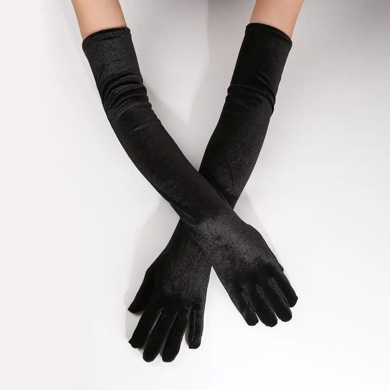 1 Paar flauschige, elegante, einfarbige Samthandschuhe für Damen, 53 cm lang, mit vollem Fingerbereich, für Abendkleider, Etikette, Bühnenauftritte und Partys – Detail 1