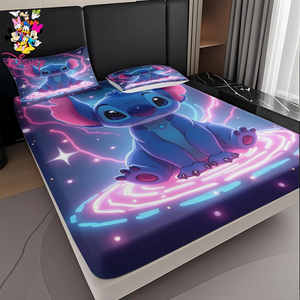 2/3pcs Disney Cyber Neon Stitch Fitted Sheet Set Digital Print Comfortable Cute Soft Comfortable Cute Soft