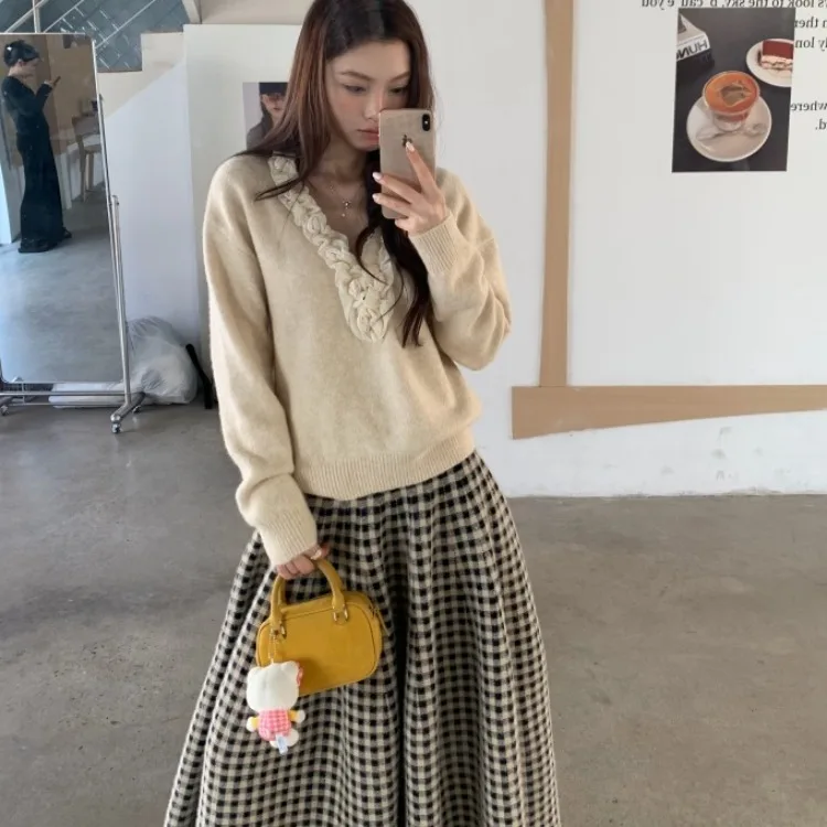 

Handmade Wool Blend Long Sve V-Ne Loose Fit Knitted Sweater Chic Autumn Winter Vintage Sle Women's Faion Top