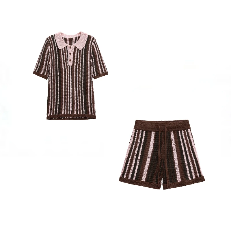 

ZBZA Women's Cropped Knitted Top Shorts Suit Lapel Short-sleeved Single-breasted Shirt Lace-up High Waist Shorts Summer Chic Set