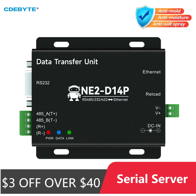 RS485/RS232/RS422 to Ethernet Serial Server DC8-28V Modbus TCP RTU MQTT CDEBYTE NE2-D14P AT Command Power and Signal Isolation