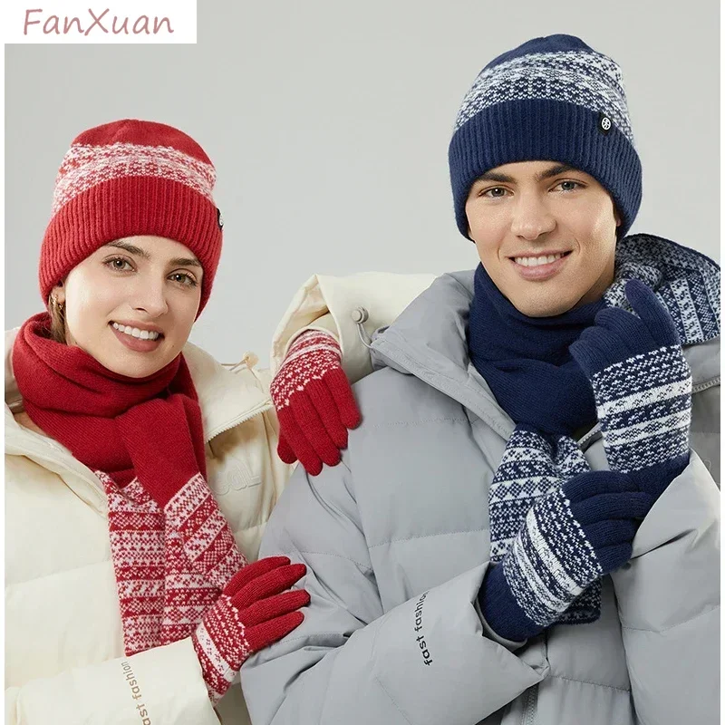 3pcs Winter Hat Scarf Glove Sets for Men Women Knit Beanies Hats Set Plaid Striped Long Scarf Touch Screen Gloves