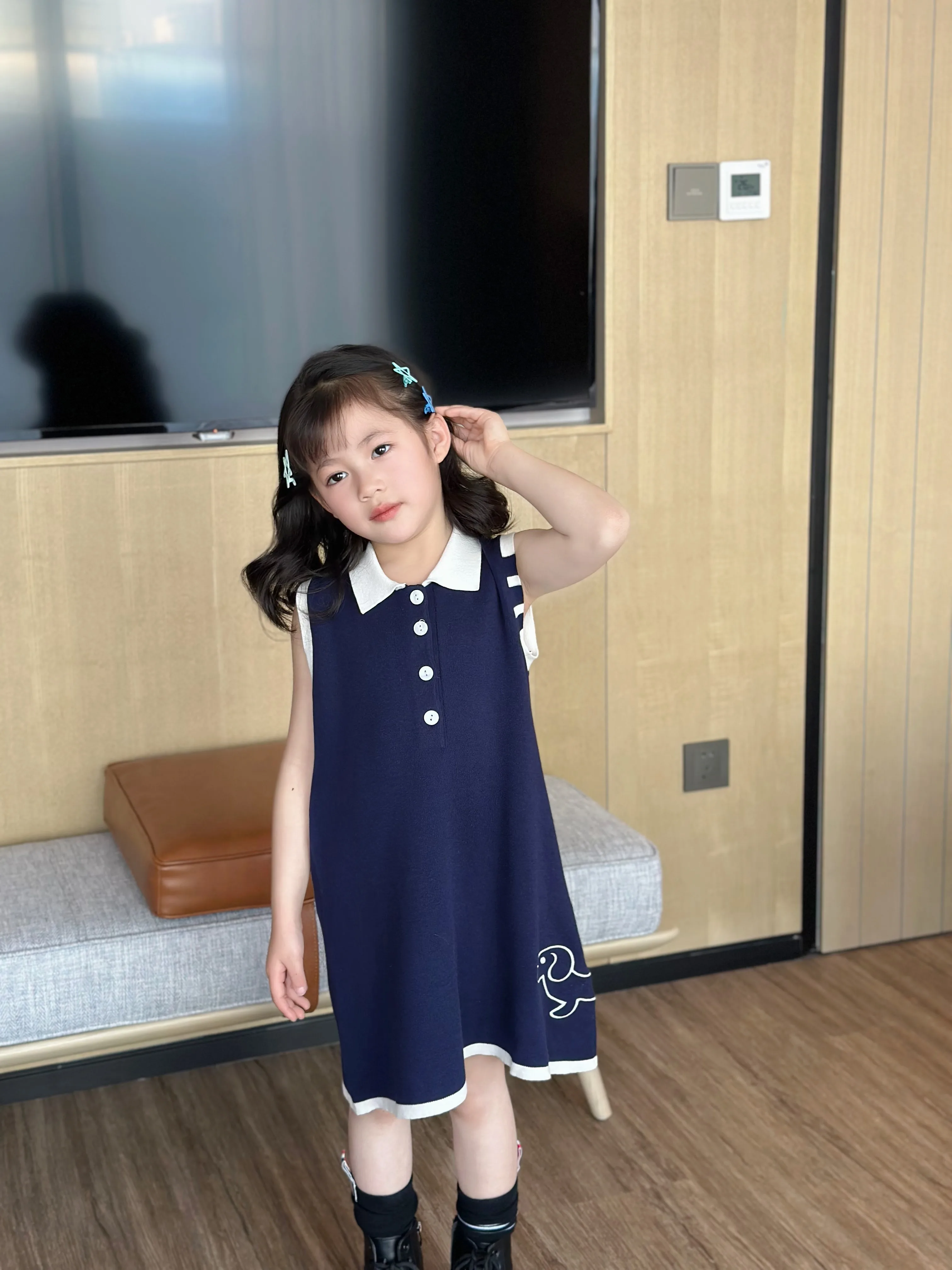 

Tb Style 24 Spring And Summer New Girls Dog Soft Modal Cotton Navy Blue Polo Collar Dress Lab Cici