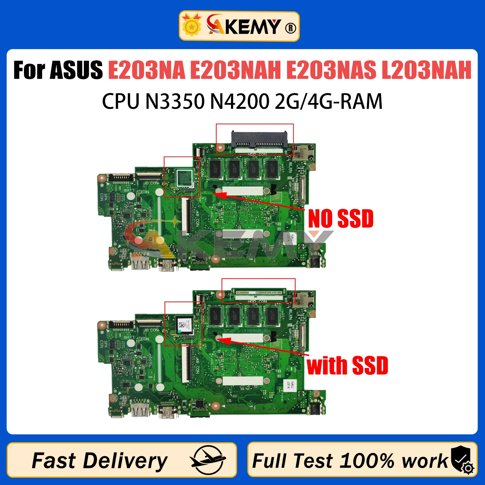 

AKEMY E203NA Mainboard For ASUS E203NAH E203NAS L203NAH L203NA Laptop Motherboard N3350 N4200 CPU 2G/4GB-RAM 0G/32G/64G/128G SSD