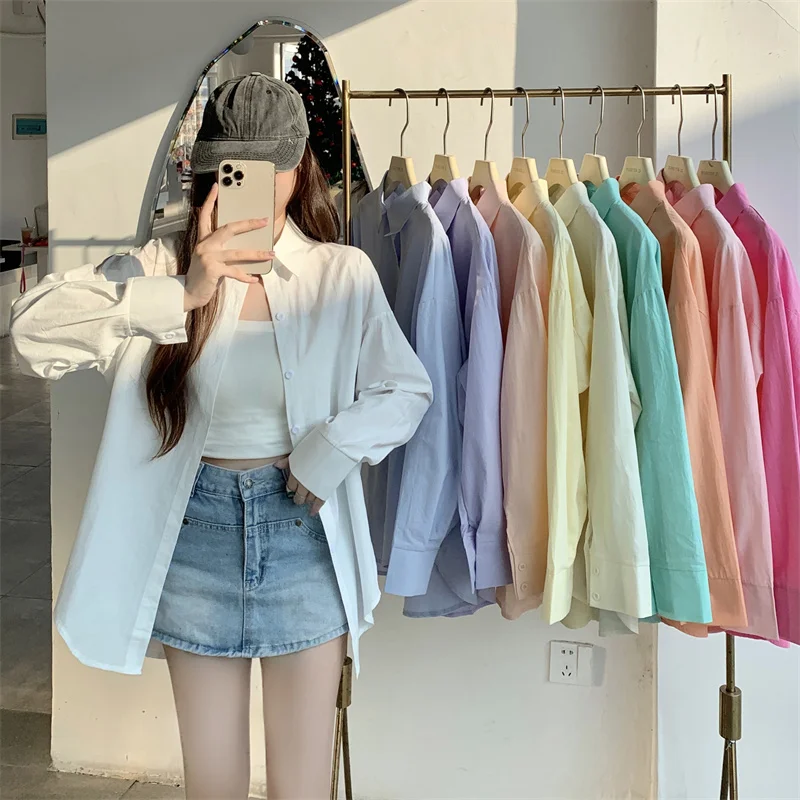 Basic Shirt for Women Long Sleeve Button Down Collared Loose-fit Plain Parisian White Shirt Spring Summer Chic Tops Outfit