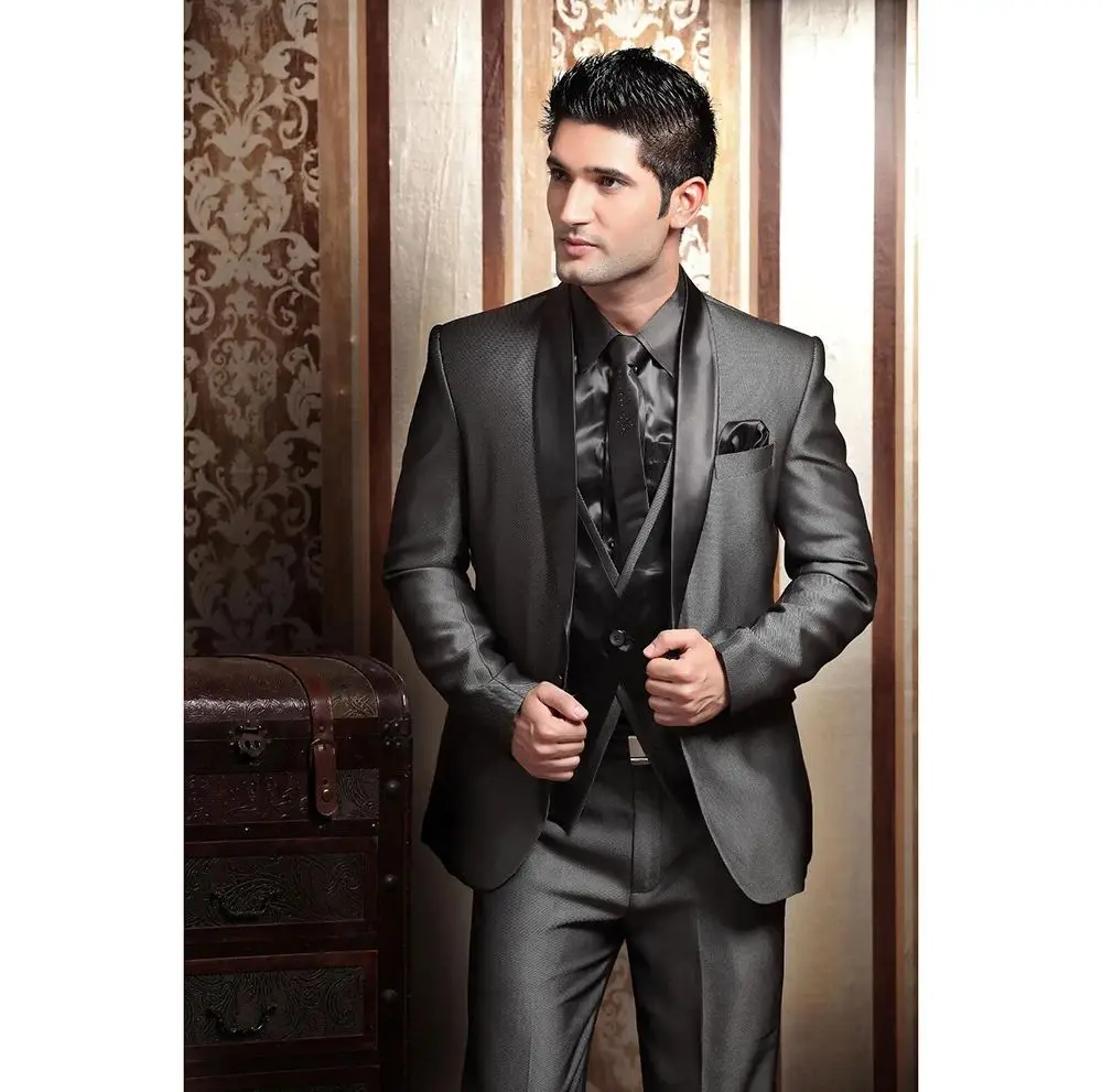 Smoking de casamento masculino nova moda ternos para homens moderno melhor  homem cinza formal noivo três peças conjunto jaqueta + calças + colete /  Ternos e blazers, image size:1000x991