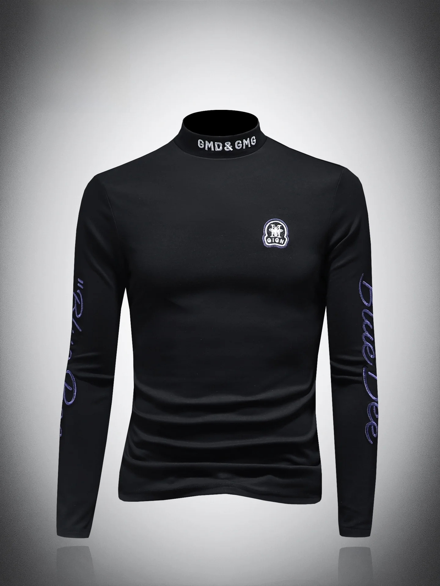 

Модная мужская футболка с длинным рукавом, с вышивкой букв, с высоким воротником, облегающая, из чистого хлопка, для ношения под одеждой.
