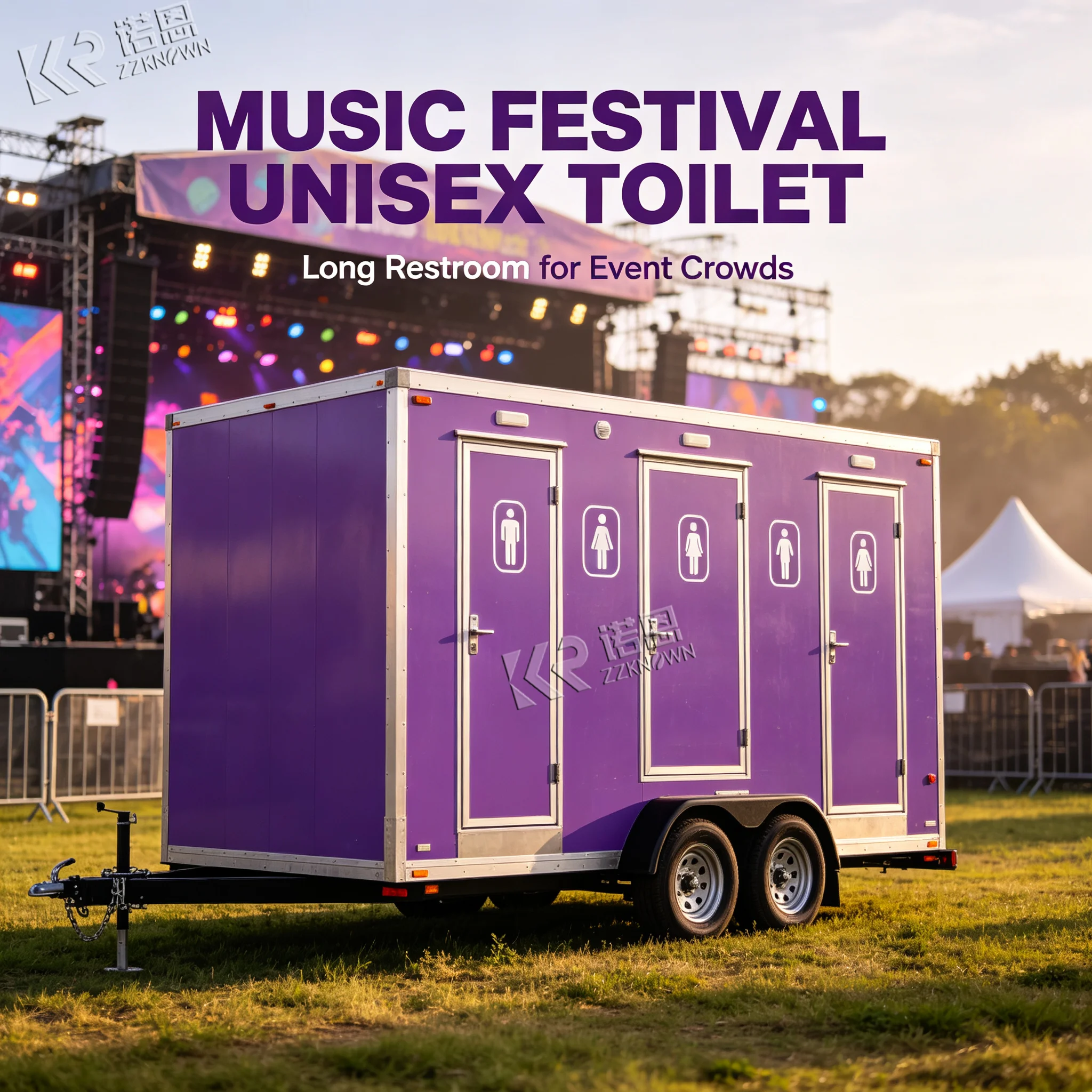 Portable Restroom Trailer for Events with Fiberglass Construction, Dual Compartment Design, Water System and Music System
