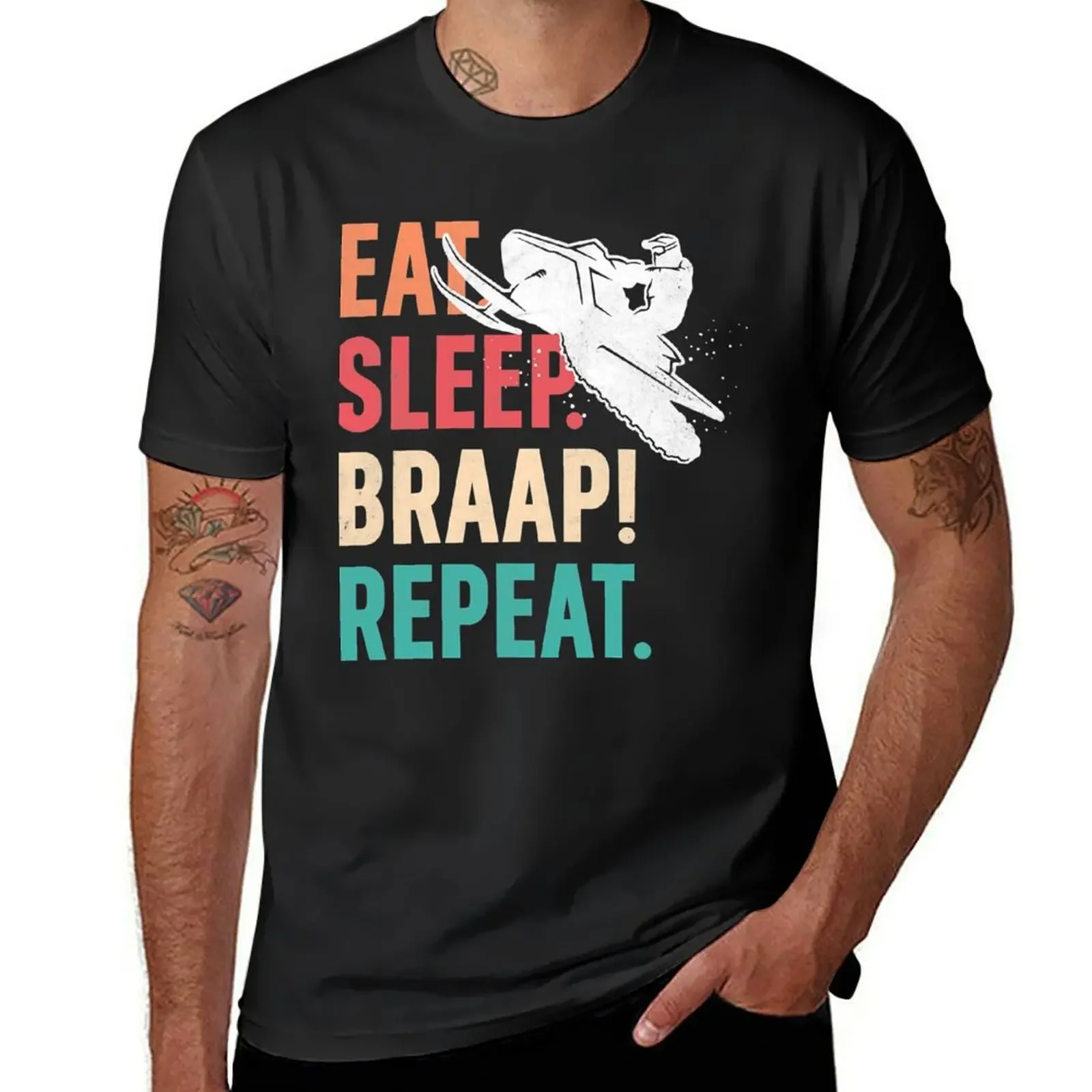 Eat Sleep Braap Repeat Funny Snowmobile Vintage Snowmobiling T-Shirt Short sleeve tee mens champion t shirts