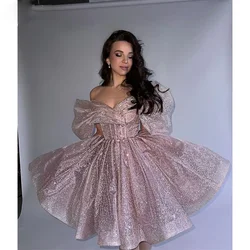 Customized Shinny Short Prom Dresses Off The Shoulder Tight Corset Sweetheart Birthday Party Dress Glitter Tulle Evening Dress
