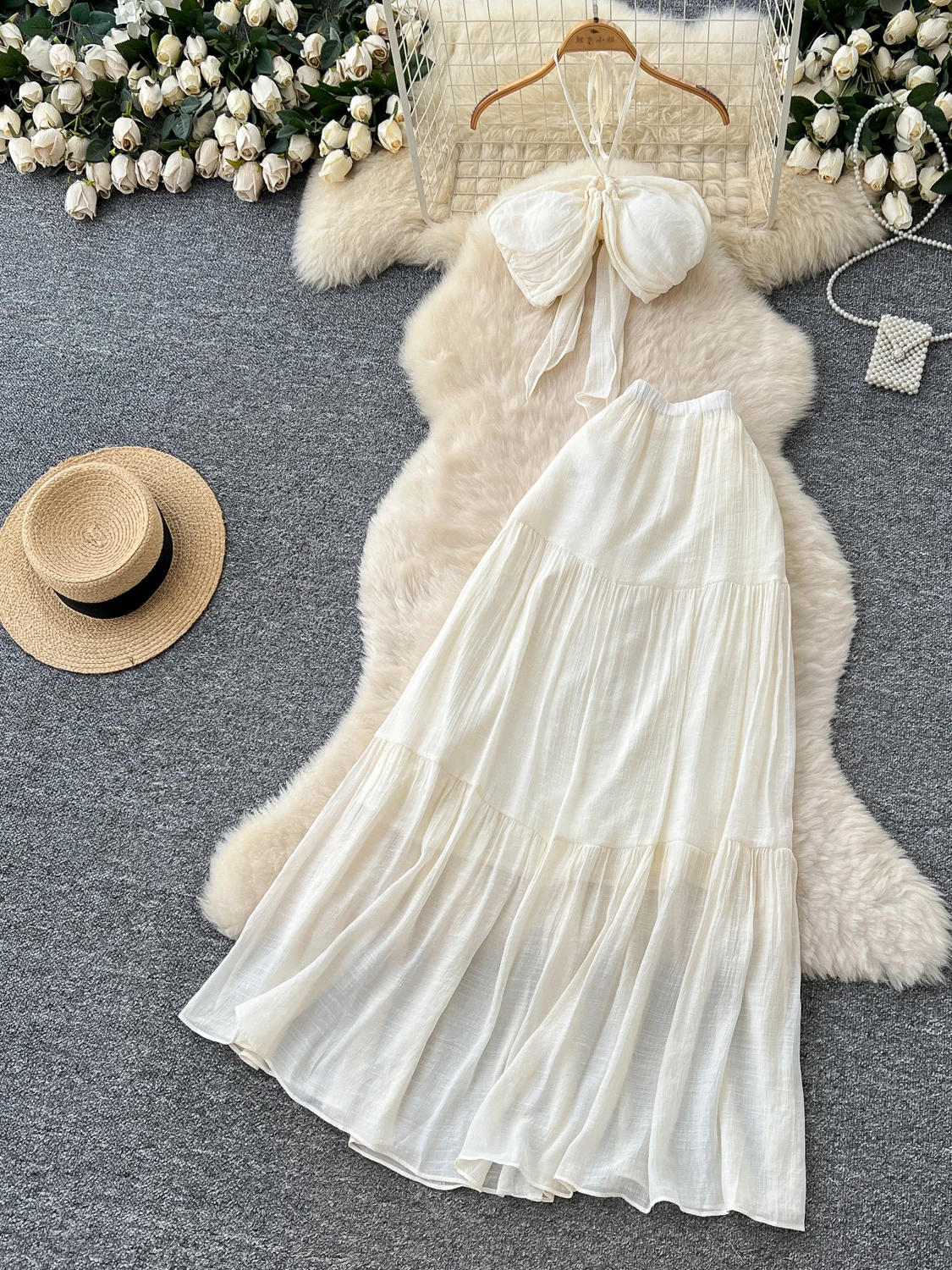 

Beach Vaion Sle Hot Girl Outfit Женский летний топ жилет с высокой талией Длинная юбка Комплект V Ne ort Sve Комплект из двух предметов